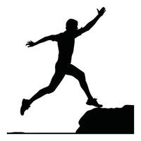Runner Silhouette Front. A sleek silhouette of a runner leaping from a rock vector