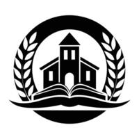 a black and white logo of a church and book vector