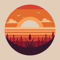 a sunset with birds and grass in the background vector