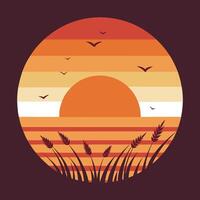 a sunset with wheat and birds in the background vector
