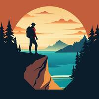a man with a backpack standing on a cliff overlooking the ocean vector