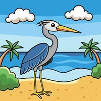 a cartoon bird standing on the beach with palm trees vector