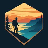 a man with a backpack is walking along a trail at sunset vector