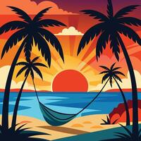 a poster with palm trees and a hammock on the beach vector