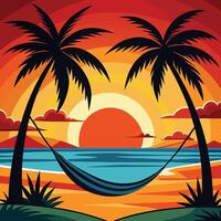 a cartoon illustration of palm trees and a hammock on the beach vector