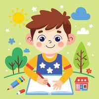 a boy is writing in a notebook with a pencil and a pencil vector