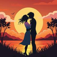 a couple kissing in front of a sunset vector