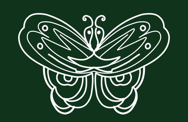 A butterfly with a white outline on a green background
