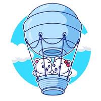 Cute polar bear couple floating with the air balloons icon illustration vector