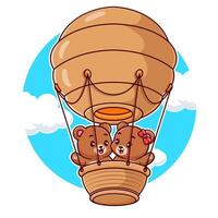 Cute bear couple floating with the air balloons icon illustration vector