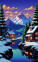 A pixel art painting of a snowy mountain scene video