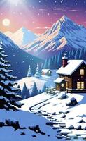 A snowy mountain scene with a cabin and trees video