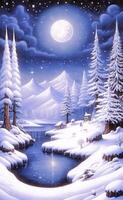 Winter landscape with snow covered trees and a full moon video