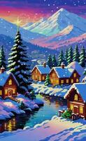 A painting of a snowy mountain scene with houses and trees video