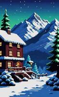 A pixel style house in the snow with trees and mountains video