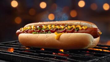 Delicious hot dog sizzling on a grill with mustard and ketchup during a summer barbecue event video