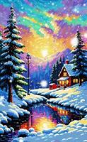 A painting of a snowy scene with a house and trees video