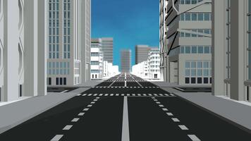Camera flies through the middle of the empty street of an city in white and black with reflective glass buildings against blue background. Loop sequence. 3d animation video