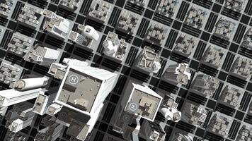 Aerial view of camera falling over city with modern white buildings and skyscrapers in daylight, until crashing into the street. 3D animation video
