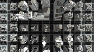 Aerial view of camera flying over city with modern white buildings and skyscrapers in daylight. Loop sequence. 3D animation video