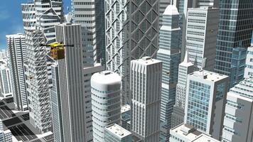 Delivery drones carrying parcels flying between the white buildings of a modern city. Loop sequence. 3d animation video