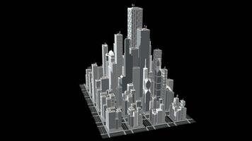 City with modern white buildings and skyscrapers in daylight rotating 360 degrees against transparent background. Loop sequence. 3D animation video