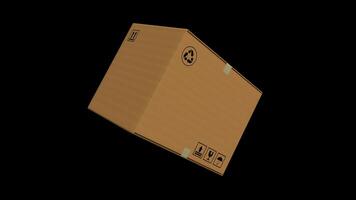 Cardboard shipping box rotating 360 degrees against transparent background. Loop sequence. 3d animation video