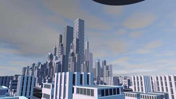 Panoramic view of round UFO spaceship flying over skyscrapers in downtown of modern city during daytime. 3D animation video
