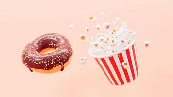 Cartoon popcorn and doughnut on the orange background, 3d rendering. video