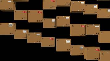 Cardboard boxes falling to the floor forming a wall of boxes against a transparent background. 3d animation video