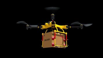 Yellow delivery drone carrying parcel box flying against transparent background. Loop sequence. 3d animation video