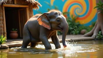 A playful baby elephant splashes in water near a colorful backdrop and a small hut. photo