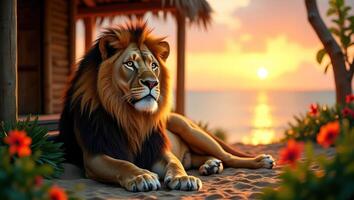 A lion relaxes on a beach at sunset, surrounded by flowers and a serene ocean view. photo