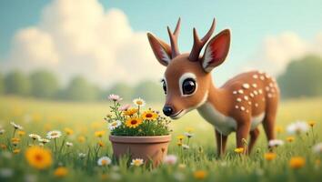 A cute deer curiously sniffs a pot of flowers in a vibrant, sunny meadow. photo