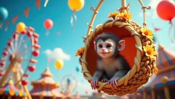 A cute monkey in a decorative basket at a festive carnival scene. photo