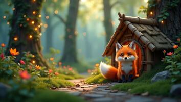 A cute fox sits by a cozy wooden hut in a vibrant, enchanted forest. photo