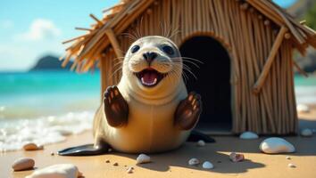 un alegre sello en un playa cerca un Paja cabaña, disfrutando un soleado día por el océano. foto