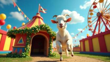 A cheerful goat runs towards the viewer in a vibrant carnival setting. photo