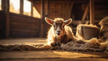 A young goat resting on a burlap mat in a rustic barn setting. photo