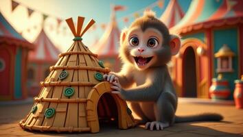 A playful monkey interacting with a colorful, whimsical hut in a carnival setting. photo