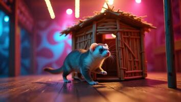 A playful ferret exploring a colorful, illuminated space near a small wooden hut. photo