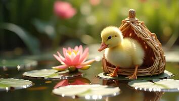 A cute duckling emerges from a woven nest by a serene pond with a pink lotus flower. photo