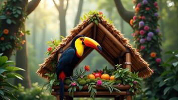 A toucan perched near a fruit stand in a vibrant, lush forest setting. photo