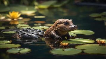 A fantastical creature resembling a mix of a mammal and reptile swims among lily pads. photo