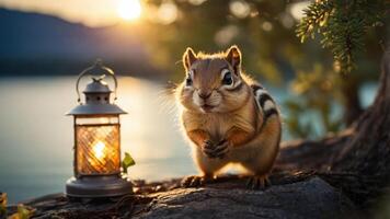 A chipmunk stands near a lantern by a serene lake at sunset. photo