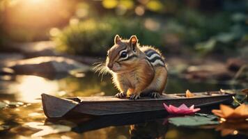 A chipmunk perched on a small boat amidst a serene pond with lily pads and soft sunlight. photo