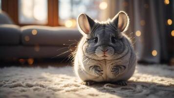A cute gray chinchilla sitting on a soft rug with warm lighting in the background. photo