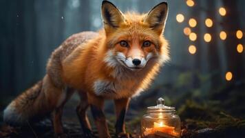 A fox stands near a glowing candle in a jar, surrounded by a misty forest ambiance. photo