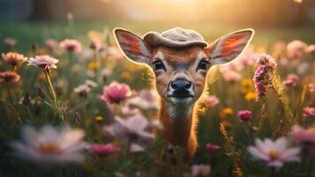 A charming deer wearing a hat amidst colorful flowers in a sunlit meadow. photo