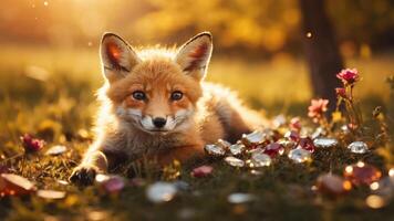 A fox resting among colorful gems and flowers in a sunlit meadow. photo
